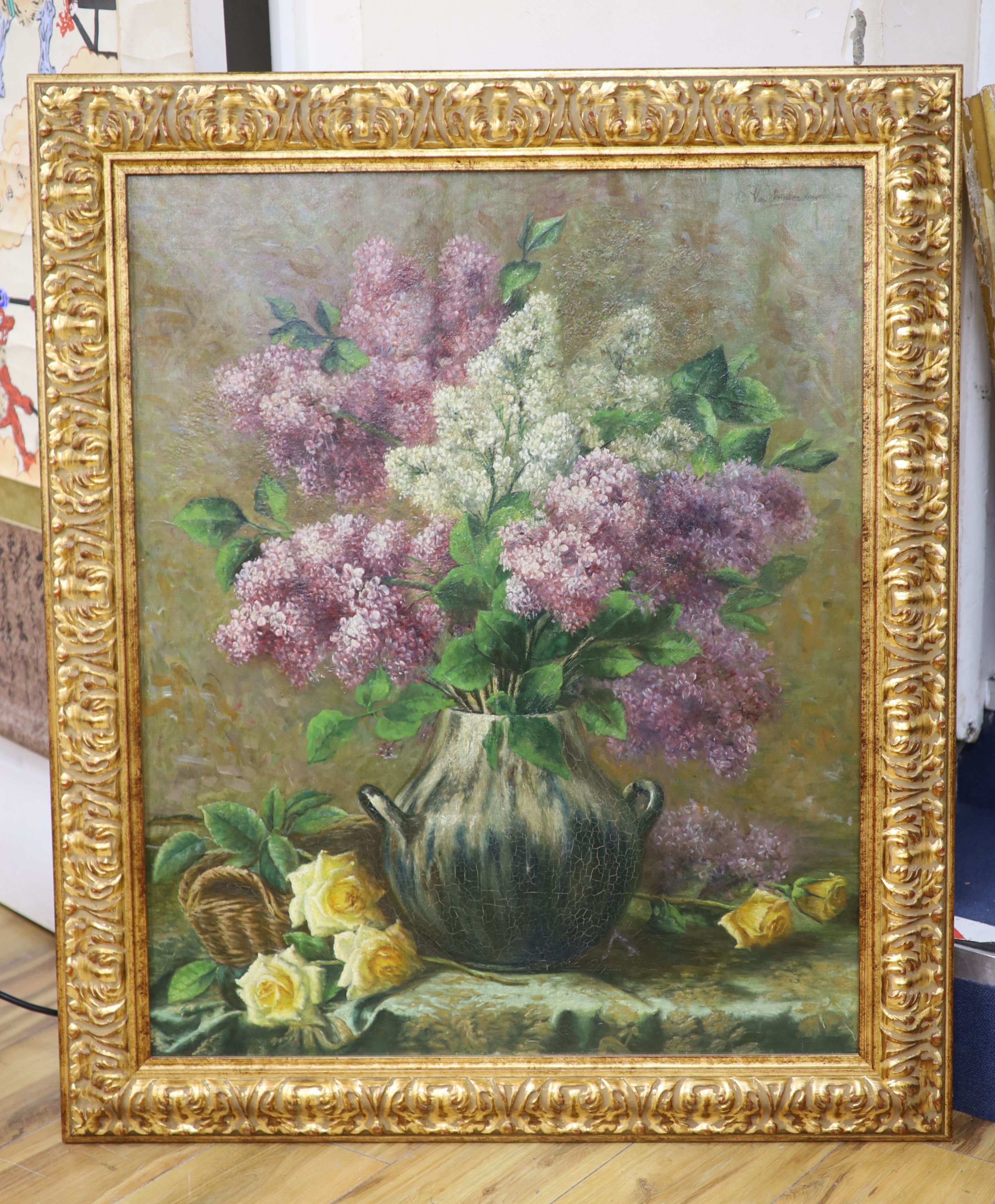 An early 20th century Continental still life study with flowers, oil on canvas, indistinctly signed, 79 x 64 cm, German Gallery labels verso.